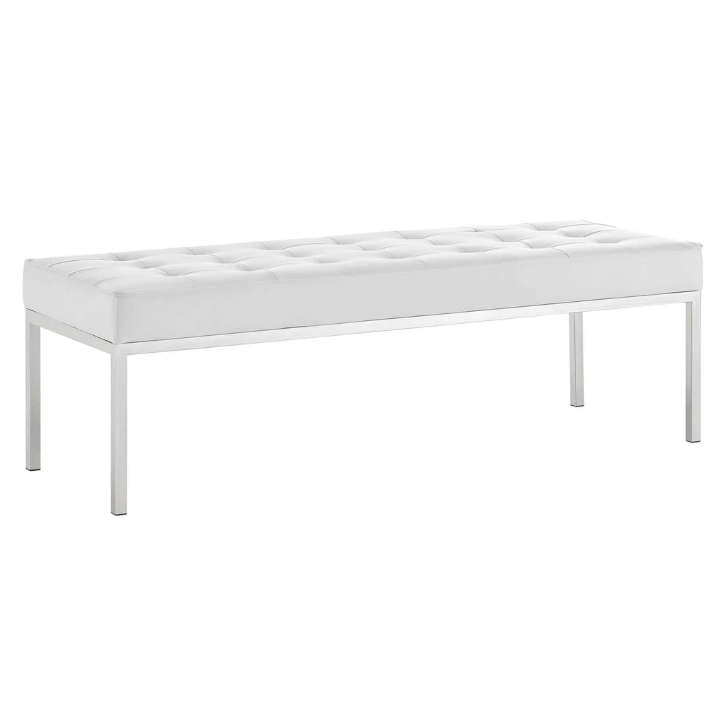 Lyndon Tufted Large Upholstered Faux Leather Bench Silver White